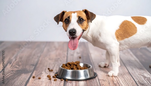 Hungry dog eating from metal bowl.