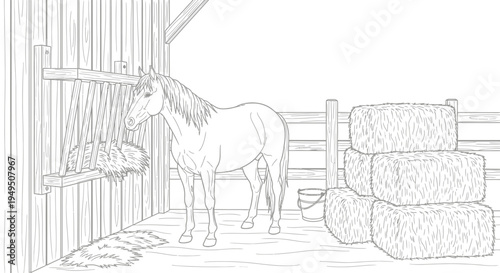 Farm scene with a horse inside a barn, surrounded by hay bales and wooden fencing in a rural stable.