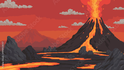 Erupting volcano with lava flows and clouds in the background landscape