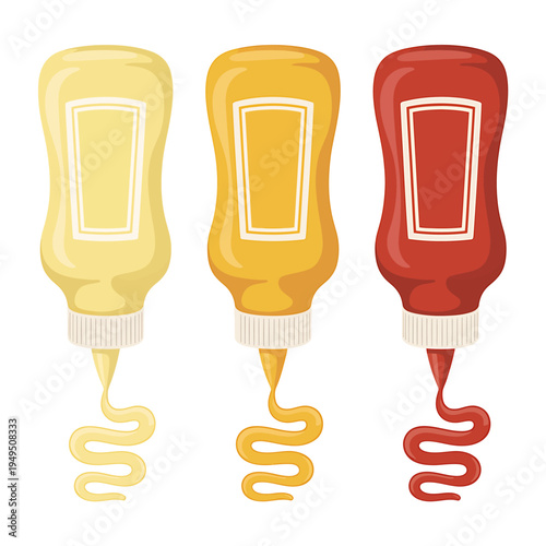 Three squeeze bottles of mustard and ketchup condiments on white background