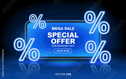 Mega sale special offer weekend discount on mobile phone screen with percent signs