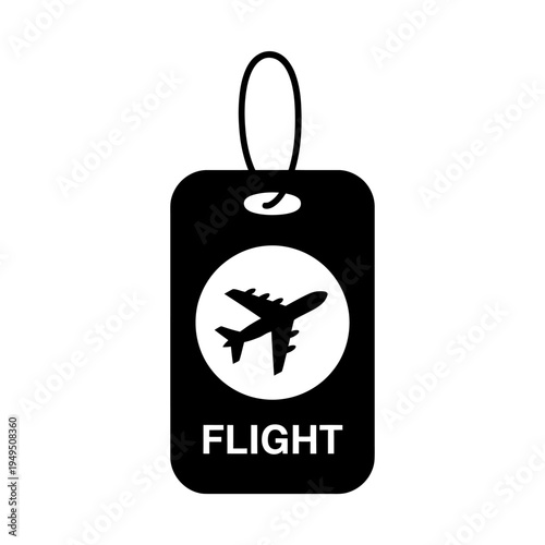 Black luggage tag with airplane icon and flight text
