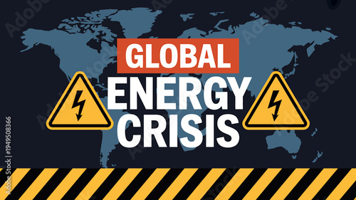 Global energy crisis warning signs and world map on dark background