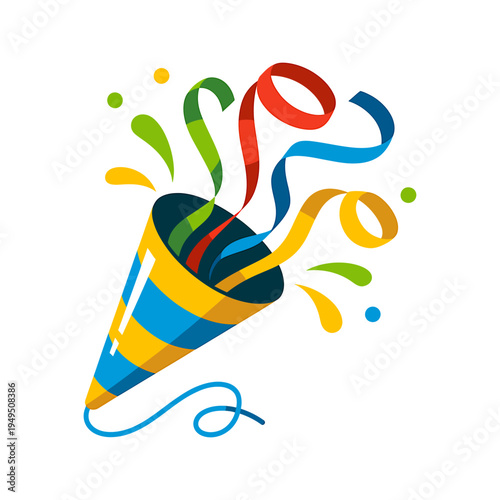 Colorful party horn with ribbons and confetti on white background