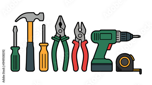 Colorful set of hand tools for home repair and construction work