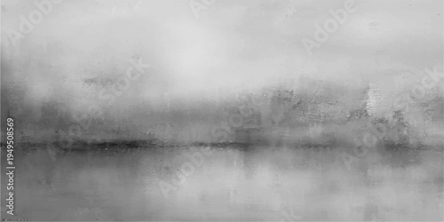 Abstract monochrome landscape, depicting an atmospheric scene with soft, dreamy layers of mist, water, and distant shore, creating a sense of solitude. 