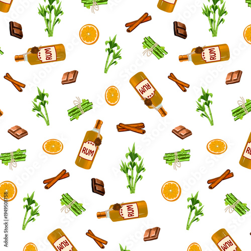 Sugar cane and rum in a bottle.Vector seamless pattern with rum, spices, cane and chocolate on transparent background.