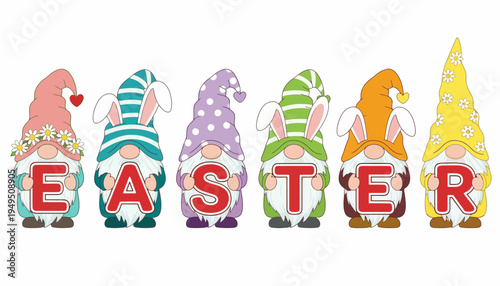 Colorful Easter gnomes spelling Easter with decorated hats