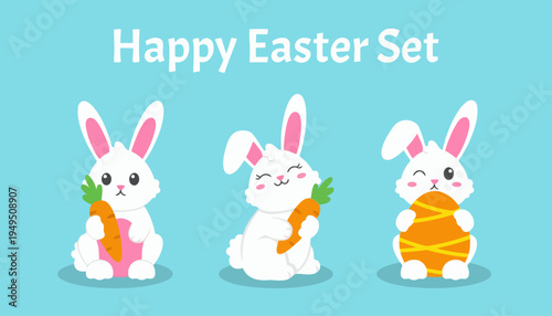 Three cute cartoon bunnies holding carrots on Easter holiday