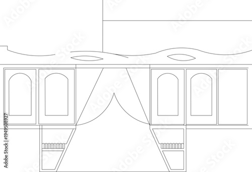 Technical architectural elevation drawing showing bedroom built-in cabinetry with arched panel doors, storage compartments and draped canopy bed design.