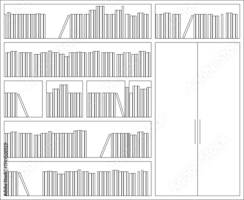 Technical architectural elevation drawing showing built-in bookshelf with multiple shelves filled with books and sliding cabinet doors for storage.