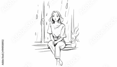A woman sits alone on a windowsill in the rain
