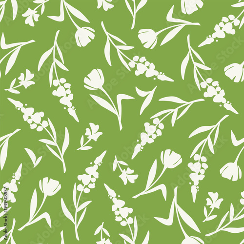 Seamless floral pattern with flowers silhouettes. Vector green and white floral print
