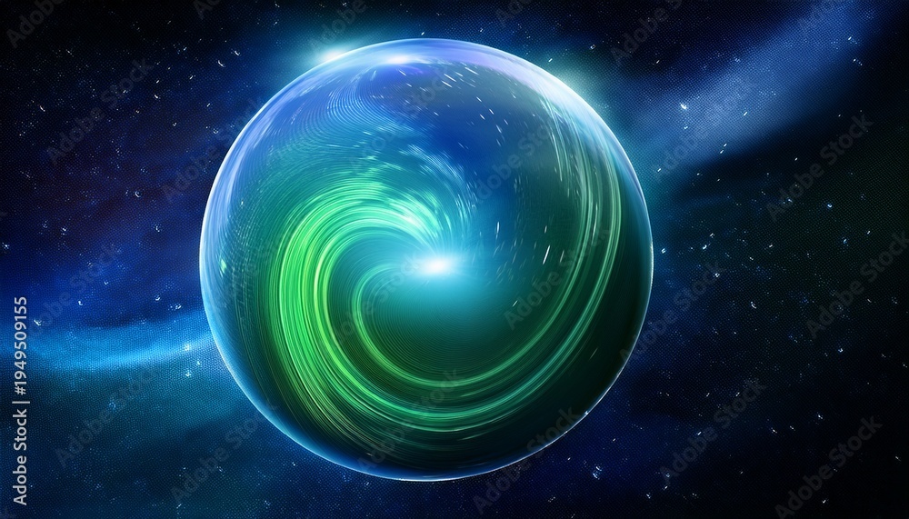 Fototapeta premium Vibrant Blue And Green Sphere Spinning Gracefully Through The Infinite Cosmos Representing Continuous Planetary Motion And Universal Cycles Spin Orbital Spinning