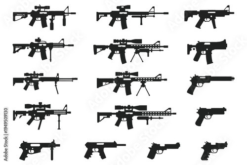 Machine Gun, Rifle, Handgun and Pistol Icon Set, Military Firearm Silhouette Collection, Weapon Symbols for Security, Defense, Shooting Range, Law Enforcement, Tactical UI Element, Vector Illustration