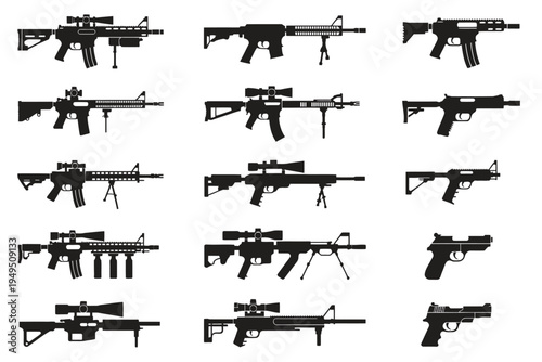 Machine Gun, Rifle, Handgun and Pistol Icon Set, Military Firearm Silhouette Collection, Weapon Symbols for Security, Defense, Shooting Range, Law Enforcement, Tactical UI Element, Vector Illustration