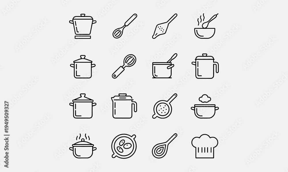 Fototapeta premium A clean and modern set of cooking icons in minimalist line style with editable strokes, perfect for food apps, recipe blogs, kitchenware packaging