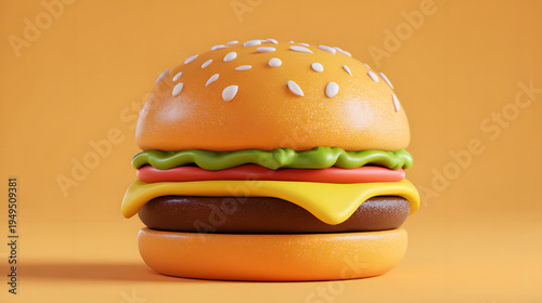 3D semi-real cartoon burger with slightly exaggerated bun thickness and clean layered ingredients. Soft realistic textures. Solid warm orange background.