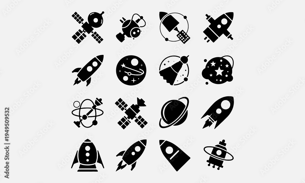 Obraz premium Animation of pattern with doodle style space elements. Rockets, planet, stars