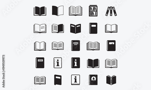 Book icons set. Contains such icons as open book, simple book symbol, library, electronic book, pages, bookmark, literature, dictionary, audiobook, information reference