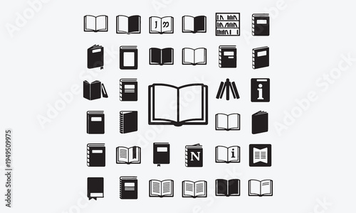 Book icons set. Contains such icons as open book, simple book symbol, library, electronic book, pages, bookmark, literature, dictionary, audiobook, information reference