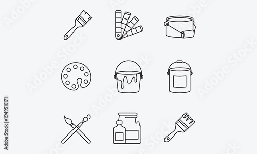 Brushes and Painting web icons in line style. Brush, color palette, bucket, can, collection. Vector illustration.