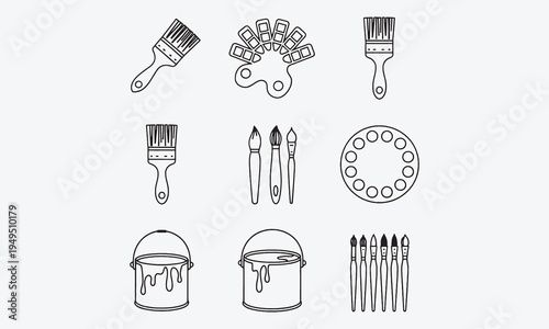 Brushes and Painting web icons in line style. Brush, color palette, bucket, can, collection. Vector illustration.
