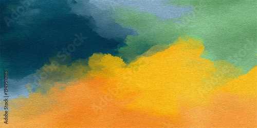 Abstract watercolor painting. A bright and vivid composition of colorful layers, where blues, greens, yellows and oranges coalesce. The fluid brushstrokes of paint capture a sense of harmony.