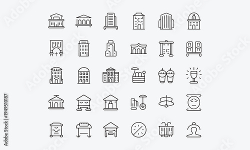 Building Icon Set. Containing house, office, bank, school, hotel, shop, university and hospital icons