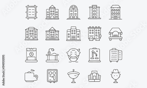 Building Icon Set. Containing house, office, bank, school, hotel, shop, university and hospital icons