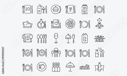 Catering icon set. food and drink icons, restaurants, canteens, cafes .fork, spoon, knife, plate, cloche, tray, chef hat, beverage, food, dining table
