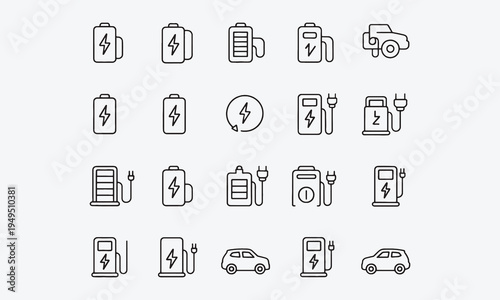 Charging outline icon set. Containing charge, battery, energy, electricity, charger, recharge, electric car, charging station. Vector illustration