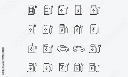 Charging outline icon set. Containing charge, battery, energy, electricity, charger, recharge, electric car, charging station. Vector illustration