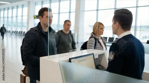 Man passenger shows passport to airport security officer at check-in counter. Traveler at terminal gate before flight. Travel documentation check at air station.