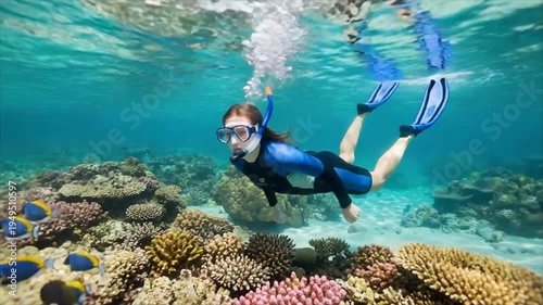Woman snorkeling in tropical ocean with colorful fish and coral reef. Girl swimming underwater exploring marine ecosystem during summer vacation trip. Blue water.