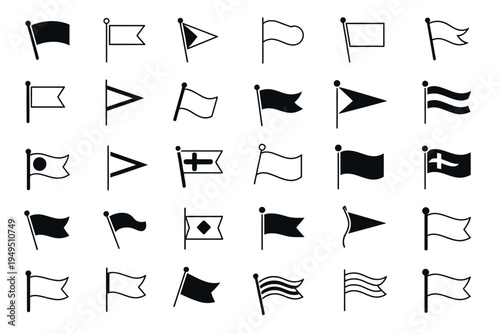 Retro Pennant Flags Set in Black and White, Blank Waving Banner Pendants on Flagpoles, Sport Camp, University and Varsity Club Pennants, Linear Outline Vector Icons for Team, School and Event Design
