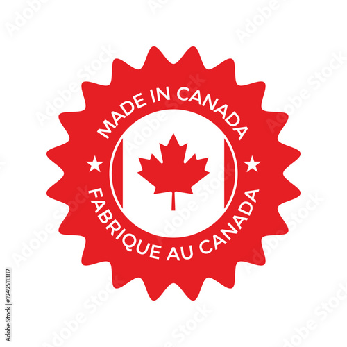 Made in Canada red and white vector badge with maple leaf, stars, and text in English and French, perfect for product labeling and national origin branding