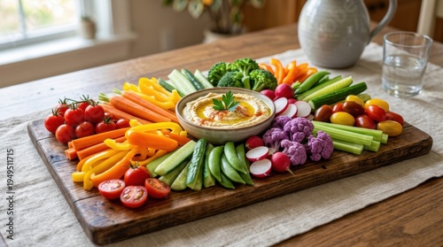 A colorful variety of fresh raw vegetables with creamy hummus dip served on a wooden board as a healthy appetizer