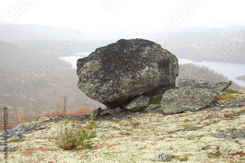  Unusual boulders covered with mosses and lichens, found in the polar tundra. These amazing natural objects were created by a glacier that crawled in these mountains in ancient times.