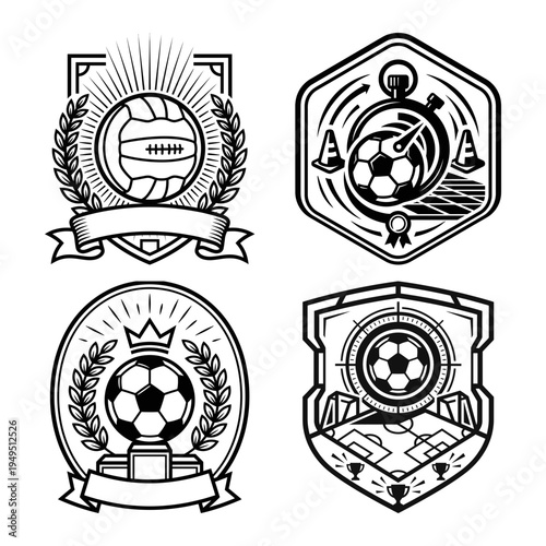 Soccer trophy and training badge bundle in monochrome vector