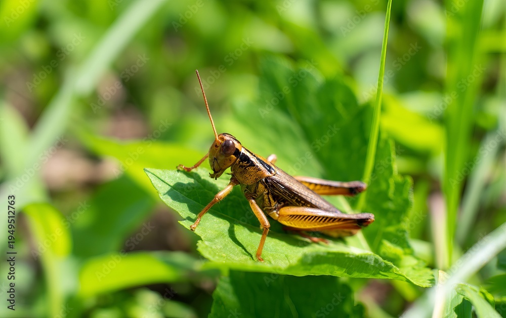 Fototapeta premium Grasshopper Perched on Green Leaf in Wild Natural Environment