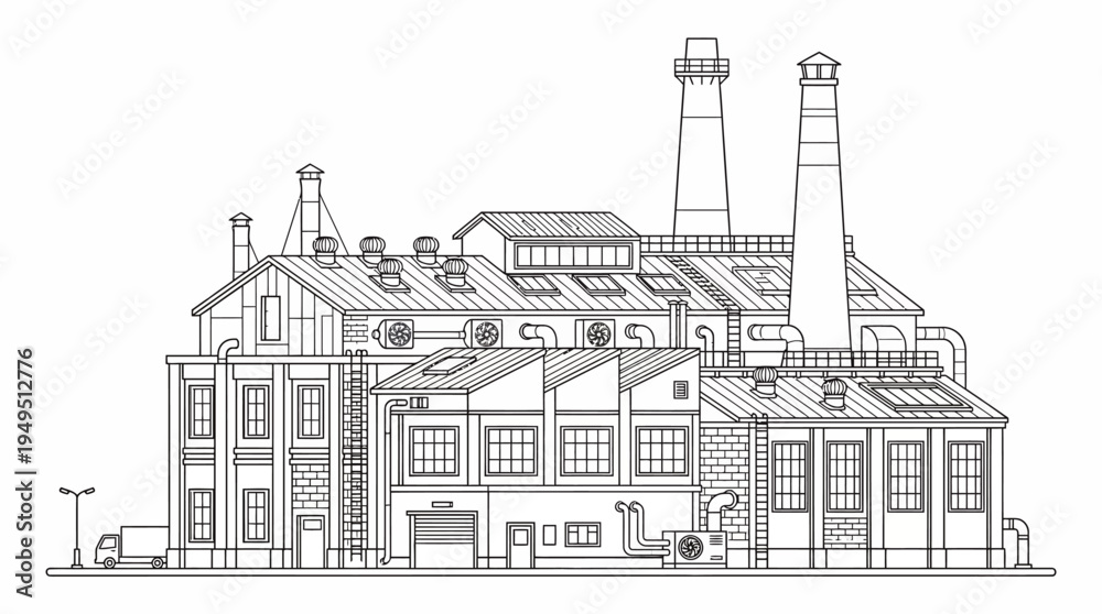 Fototapeta premium Detailed Line Drawing of a Large Industrial Factory Building with Multiple Chimneys and Structures.