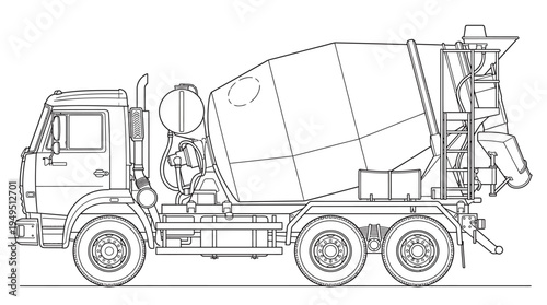 Detailed line art illustration of a concrete mixer truck, side view, ready for construction work.
