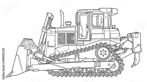 Detailed Line Art Illustration of a Heavy-Duty Bulldozer Construction Vehicle.