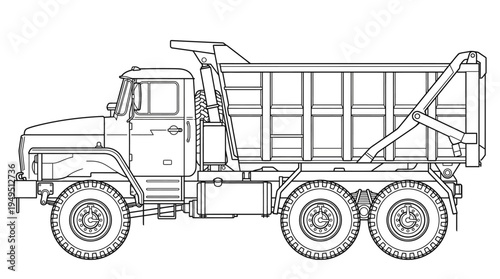 Detailed Line Art Illustration of a Heavy-Duty Dump Truck.