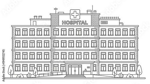 Detailed Line Art Illustration of a Hospital Building Exterior.