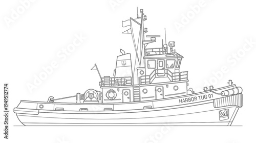 Detailed Line Drawing of a Harbor Tugboat Vessel.