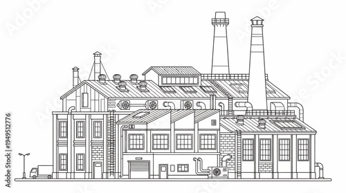Detailed Line Drawing of a Large Industrial Factory Building with Multiple Chimneys and Structures.