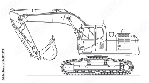 Detailed Line Drawing of a Heavy-Duty Excavator Construction Vehicle.