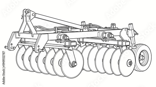 Detailed Line Drawing of a Modern Agricultural Disc Harrow for Tillage.